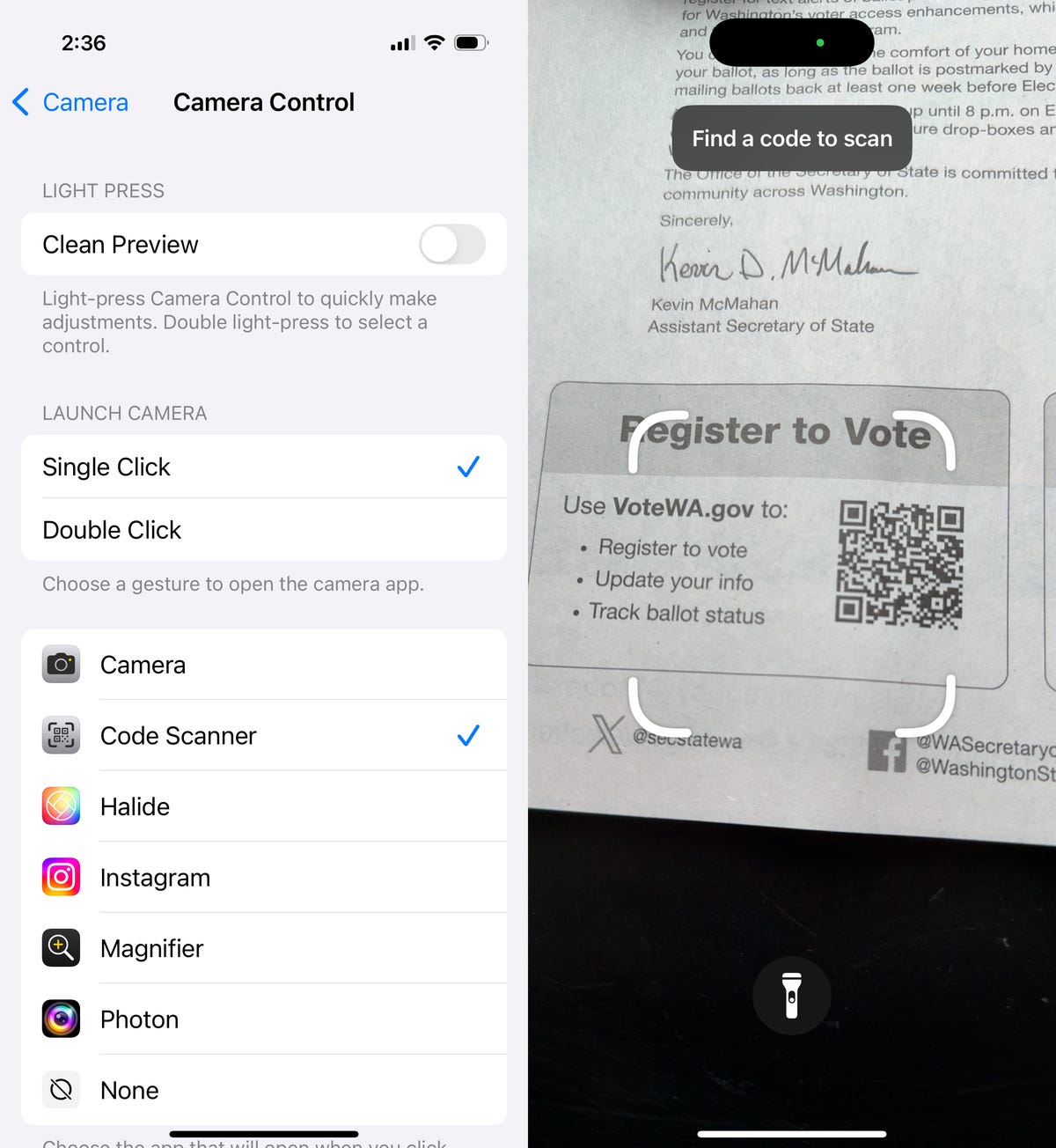 Screenshots of the Camera Control settings with Code Scanner selected (left) and the scanner in action about to scan a QR code for voter registration (right)