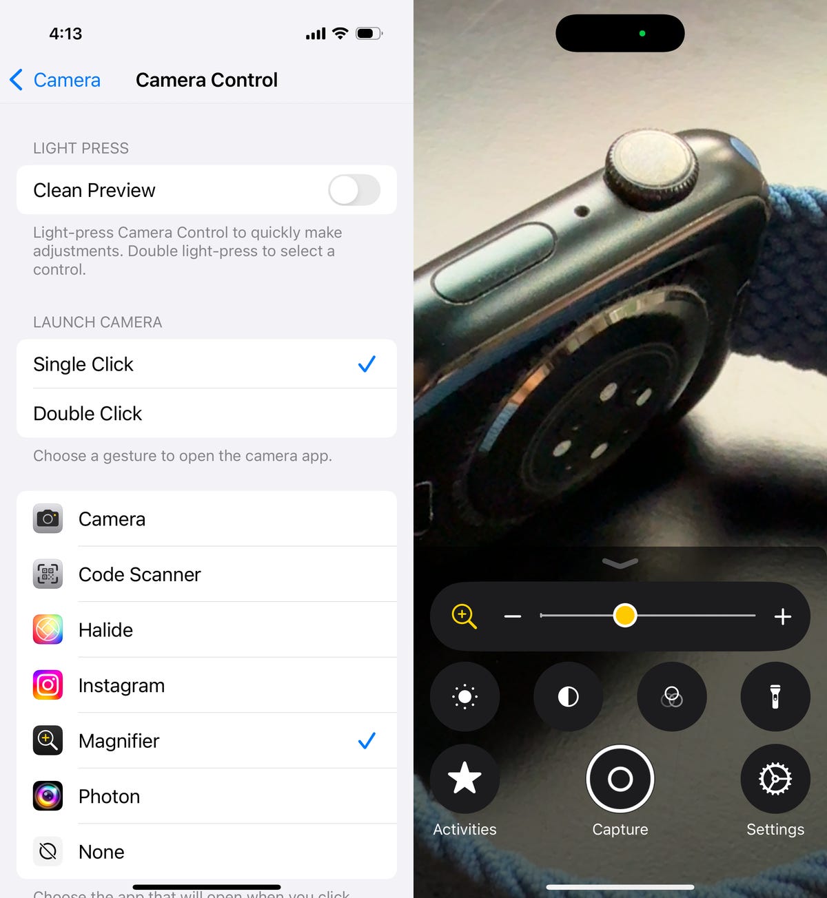 Screenshots of the Camera Control settings screen (left) and the Magnifier looking close at the back of an Apple Watch (right).