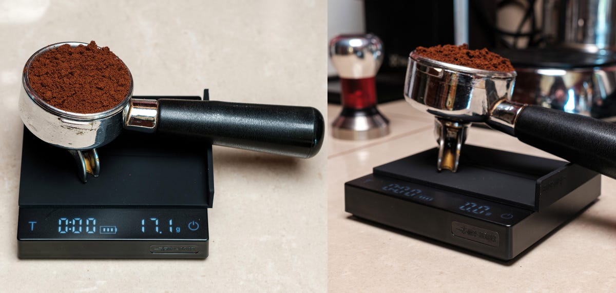 Two views of a coffee scale with an espresso machine's portafilter (coffee basket) on it.