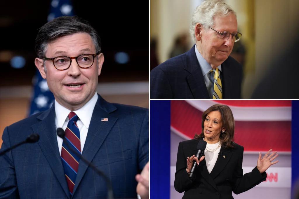 Mike Johnson, Mitch McConnell say Kamala Harris is ‘escalating’ threats against Trump with ‘fascist’ claims
