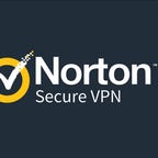 "Norton Secure VPN" in white text and a check mark against a dark blue background. 