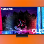 Samsung S90D OLED TV against an orange gradient background