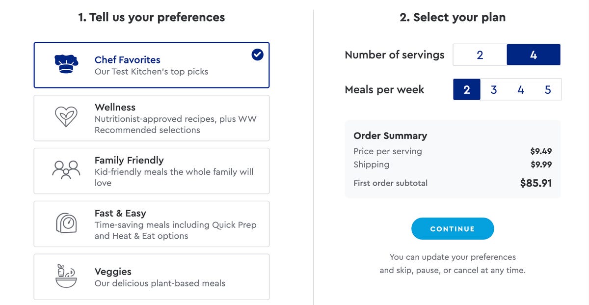 blue apron pricing page from website