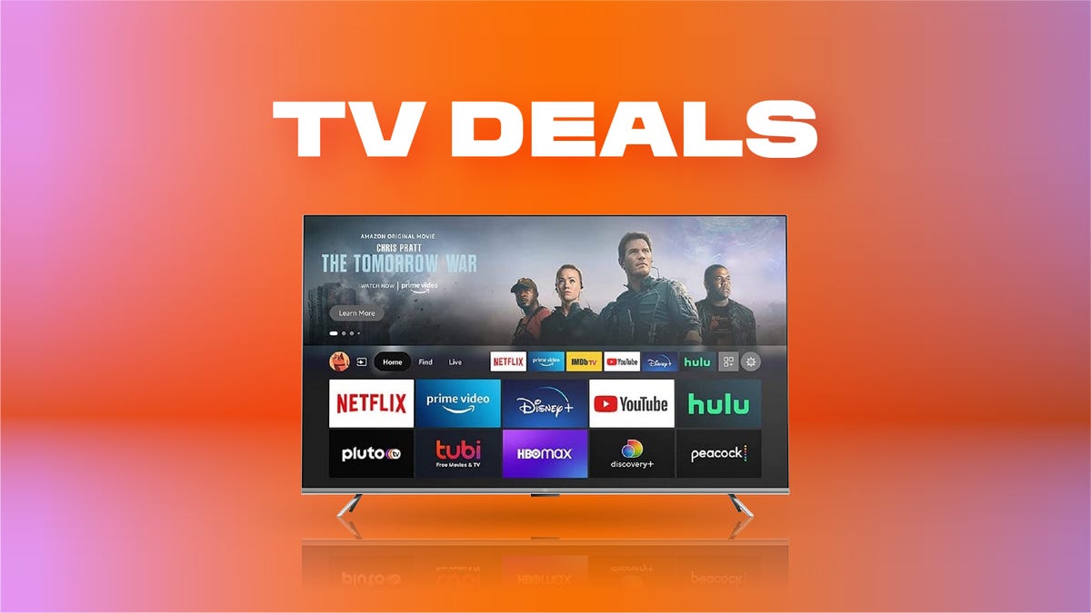A TV showing a grid of streaming app icons set against an orange gradient background with the words TV Deals above.