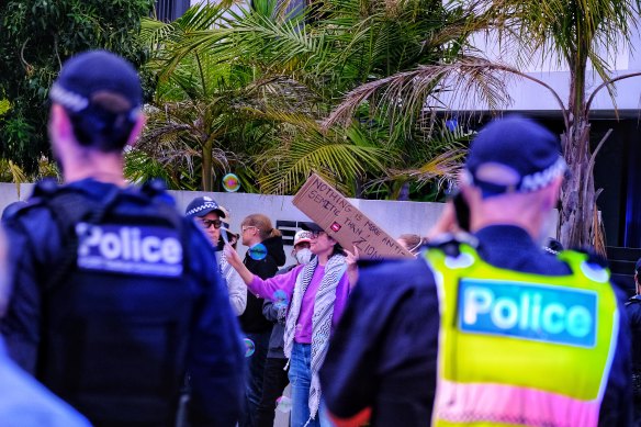The tiny group of pro-Palestinian protesters on Inkerman Road on Monday night.