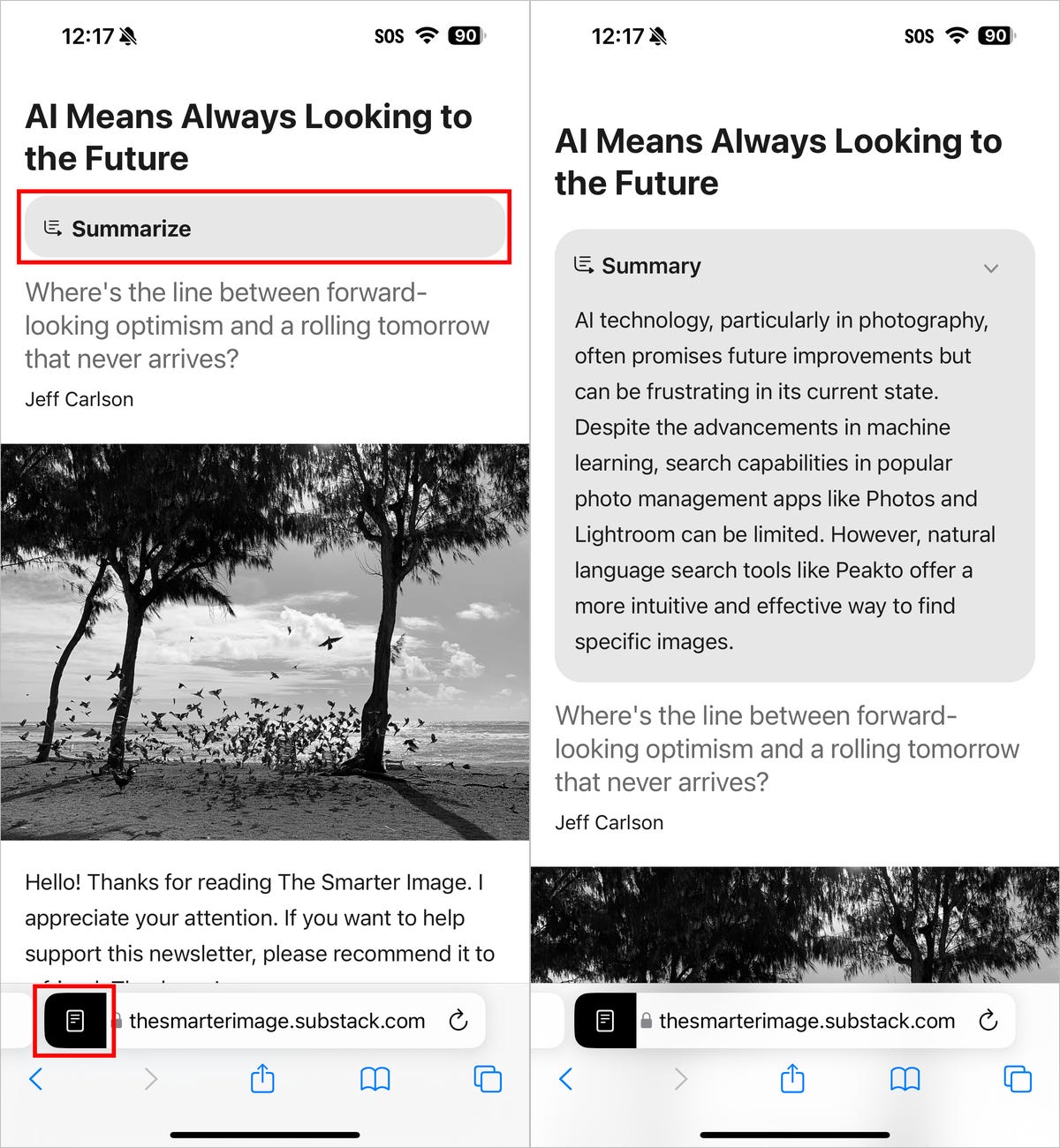 an iPhone screenshot showing an AI summary of a news article