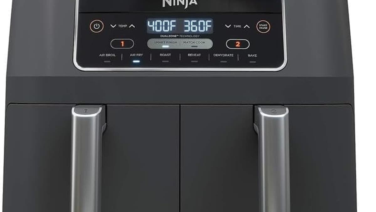 This air fryer comes with two independent frying baskets.