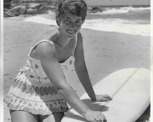 Women’s world surfboard champion 27-year-old Phyllis O’Donnell prepares to represent Australia in the International Surf-board championships in Honolulu, 1964.