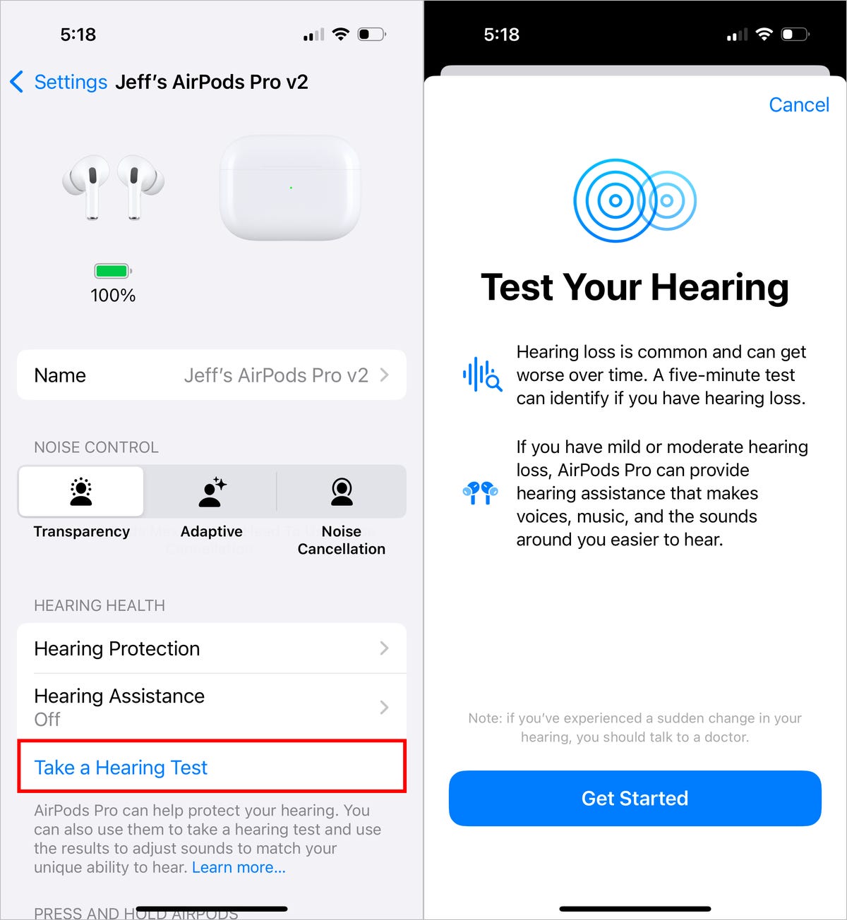 iPhone screenshots showing the AirPods settings and the first screen of the hearing test.