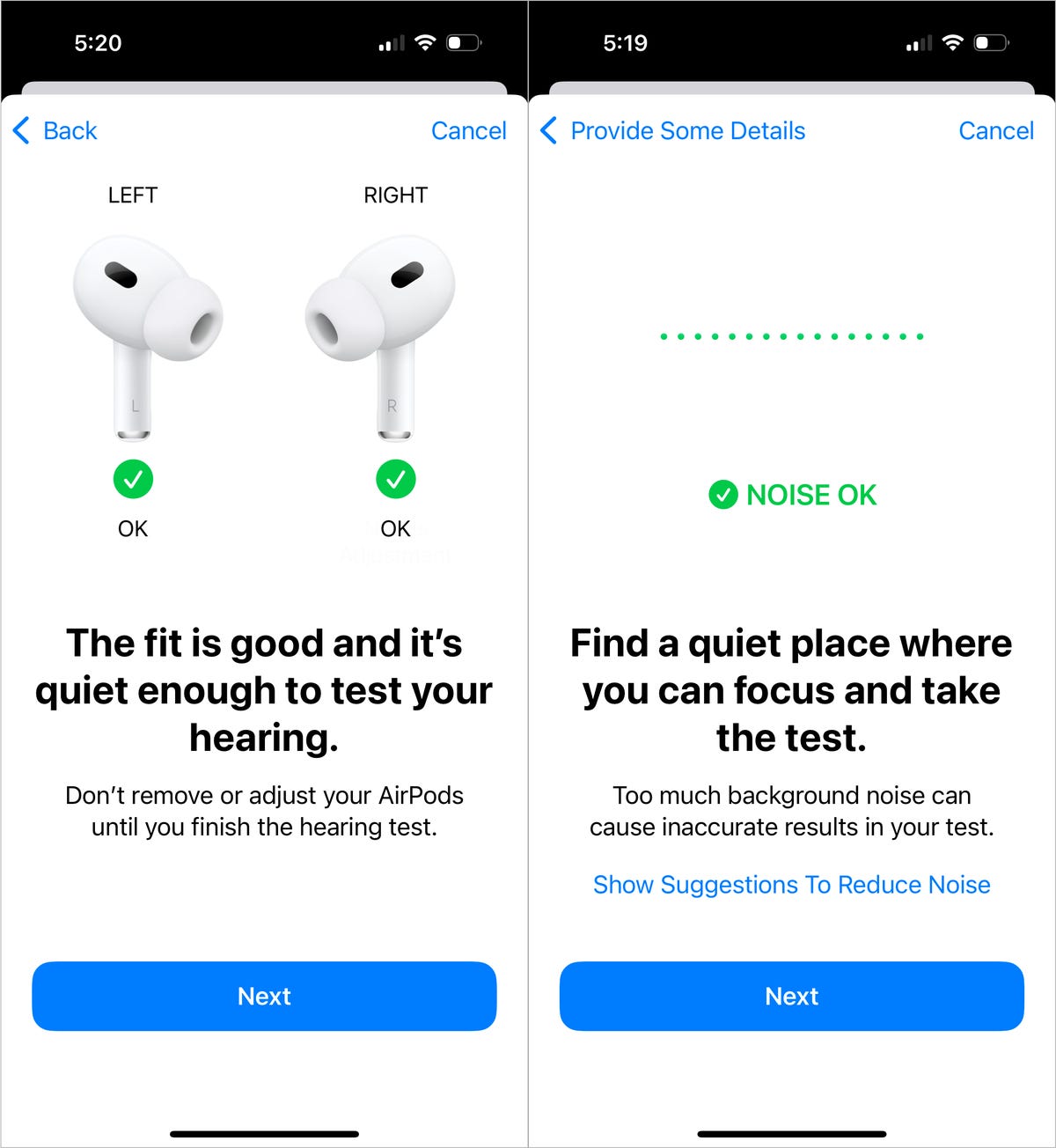 iPhone screenshots showing the hearing test: checking AirPods Pro fit and the ambient noise level.
