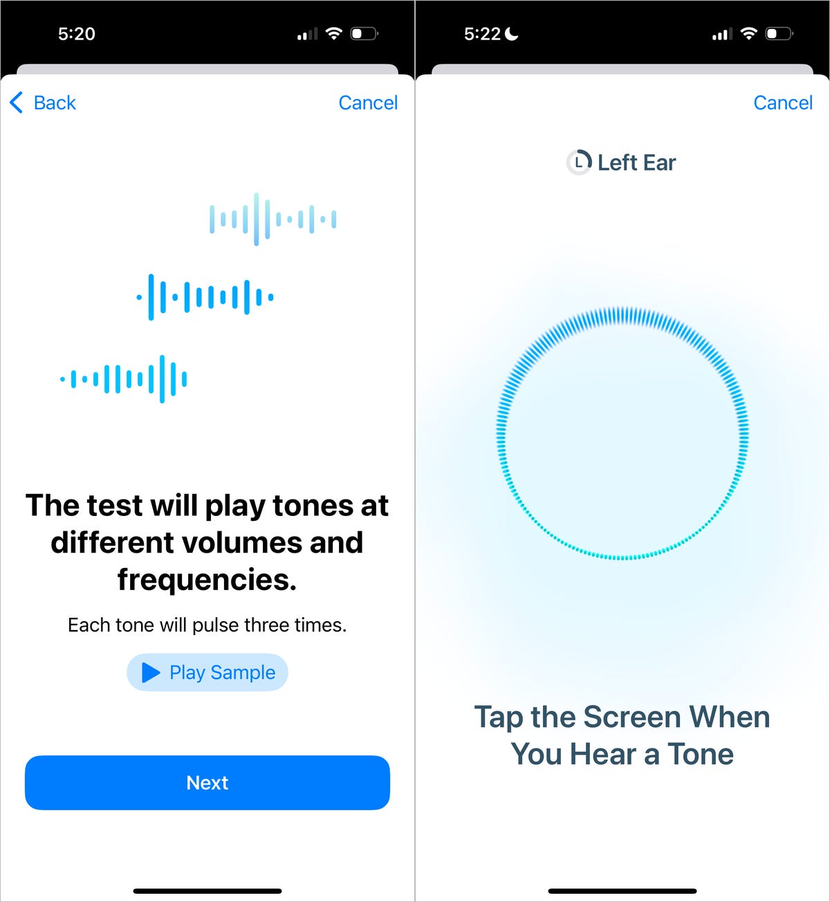 iPhone screenshots showing the hearing test: the beginning of the test and the test in progress with a circle indicating a sound being played.