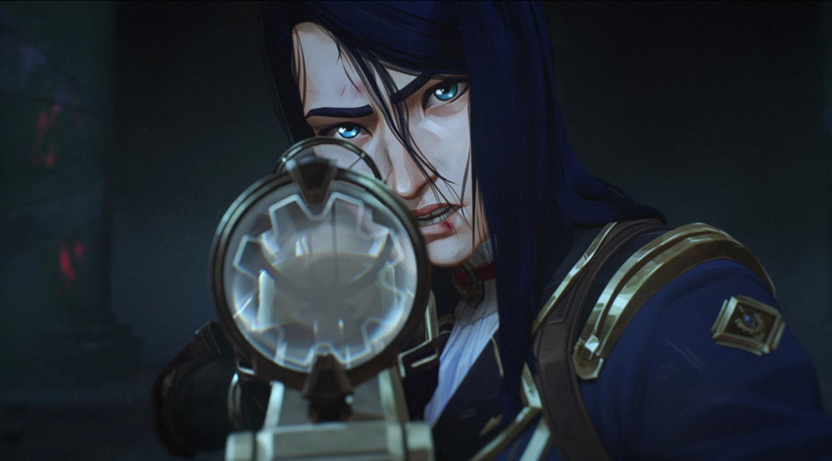 animated woman in uniform looks through scope