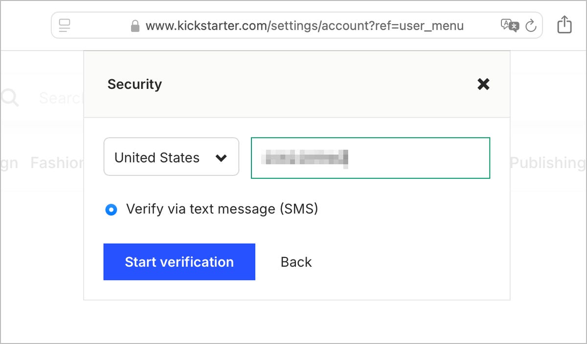 A security form on a web site with the user's phone number and a Start Verification button.