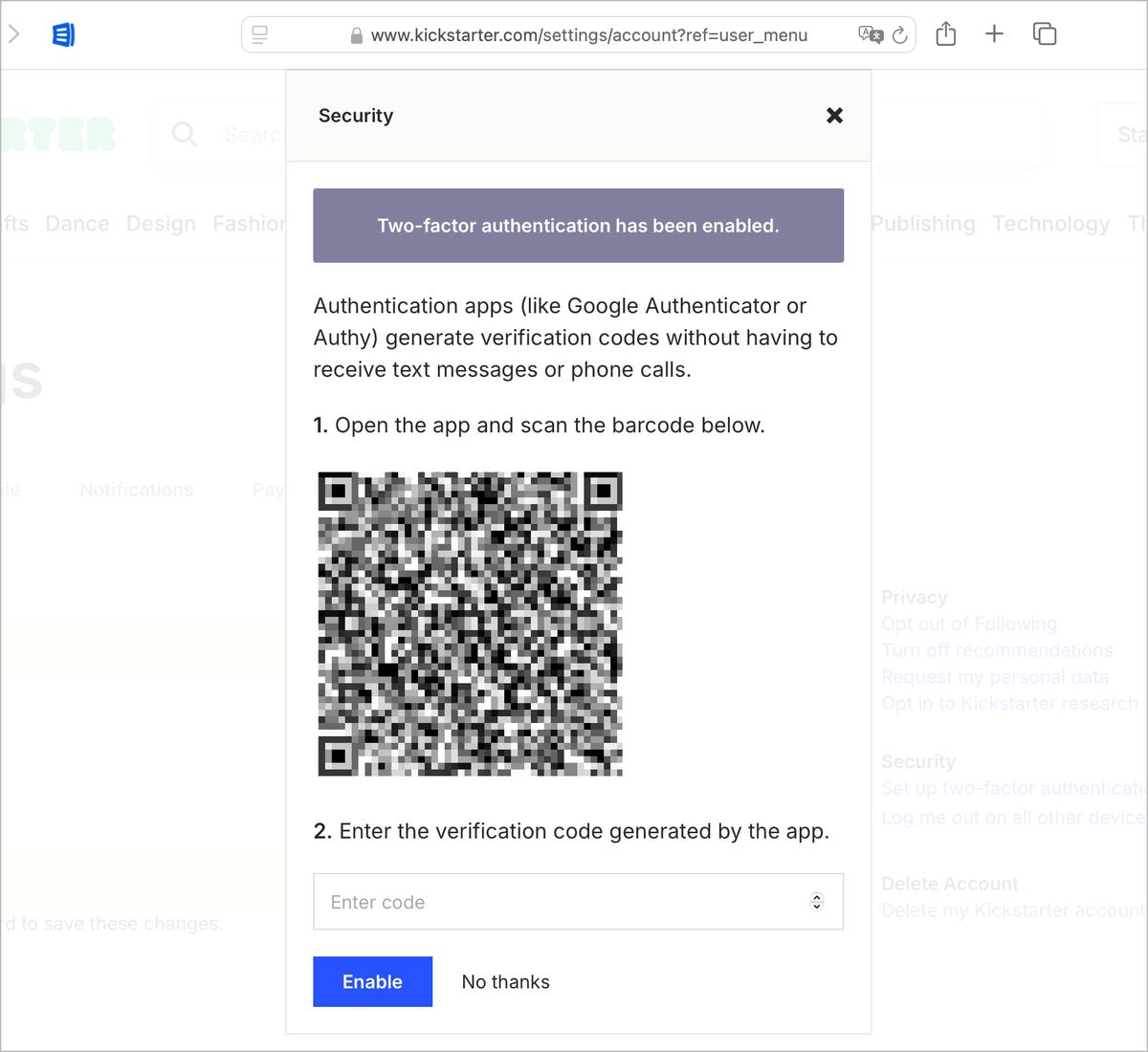 A QR code to set up verification codes on a website.