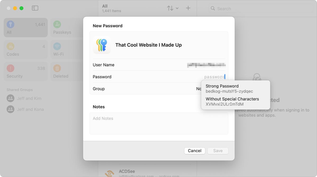 The Passwords app in MacOS showing a new entry and suggested passwords.