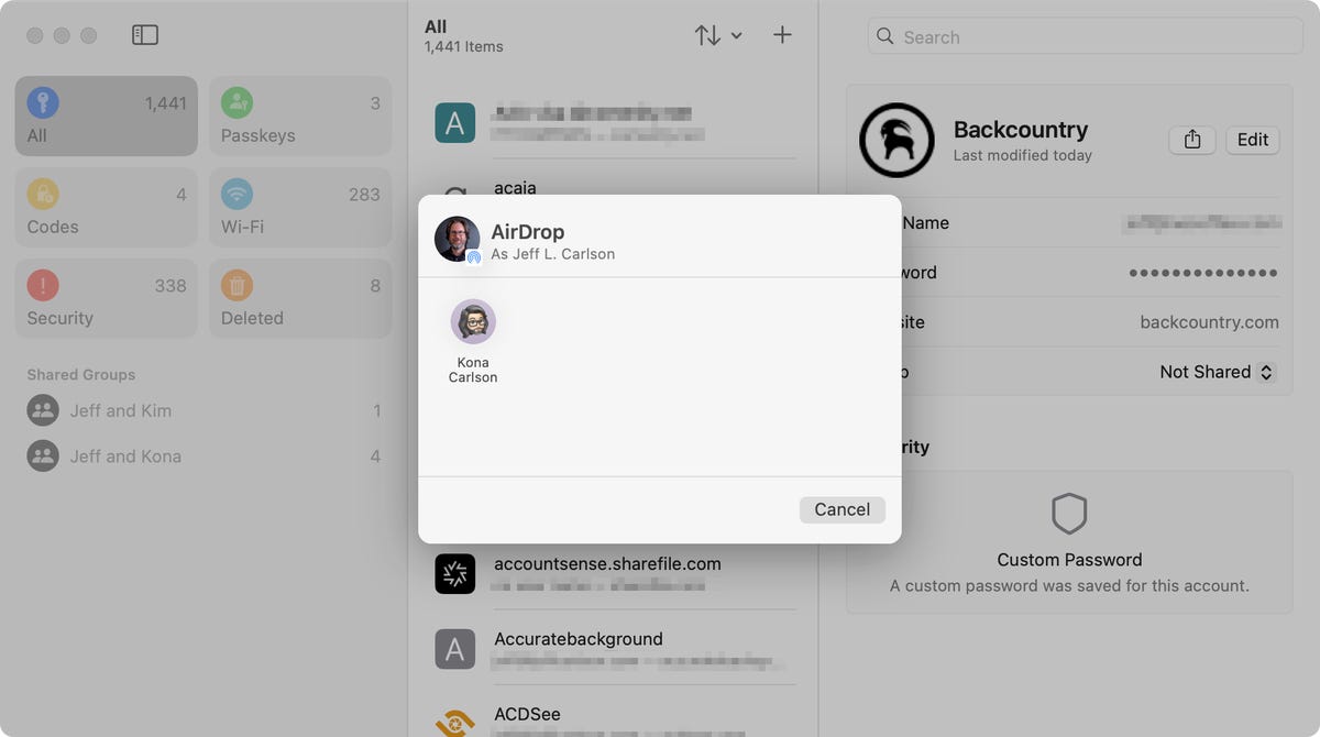 Sharing a password using AirDrop from the Passwords app.
