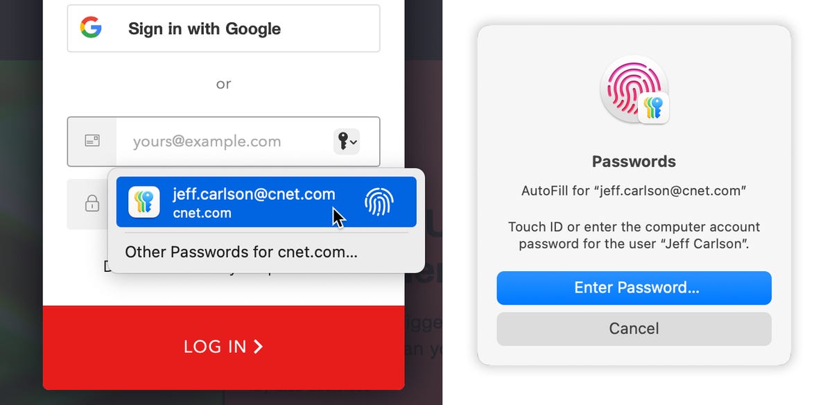 A sign-in form on the Web with a Passwords pop-up, and also the Touch ID window that appears.