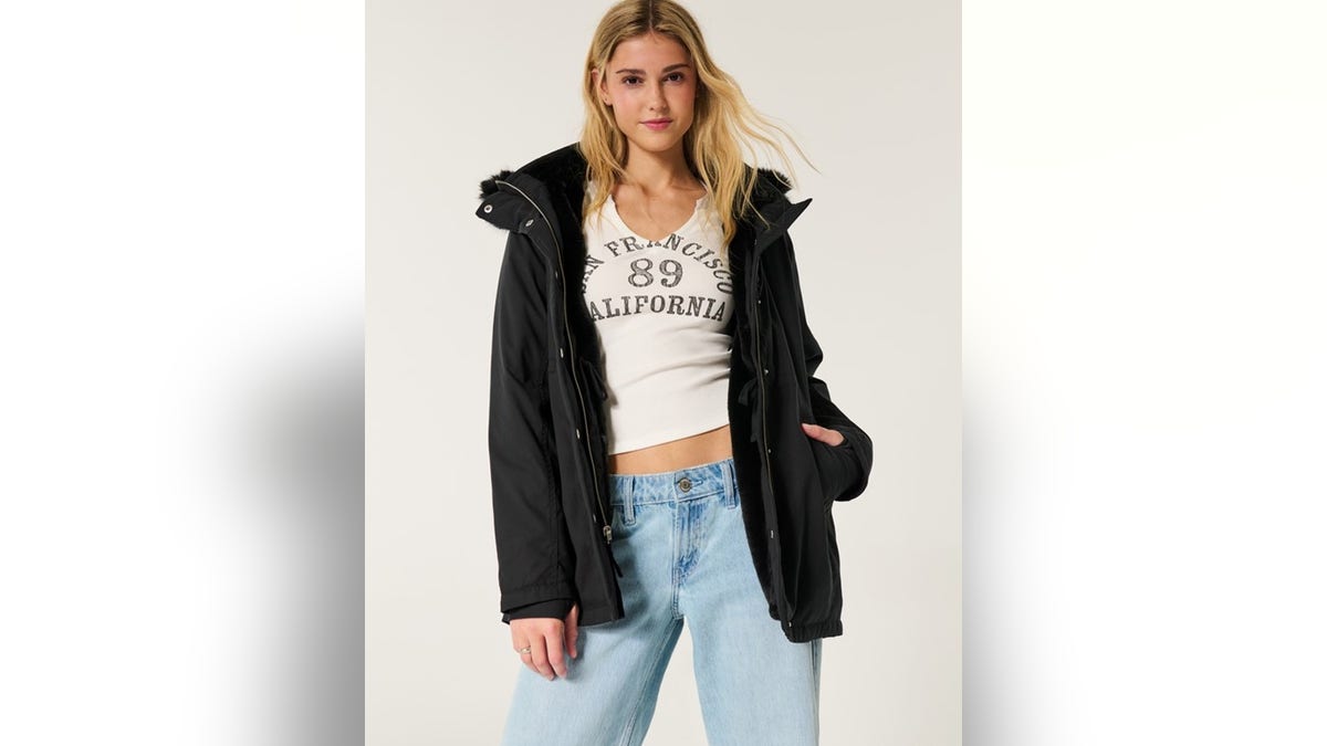 This jacket has a lined shell and hood.