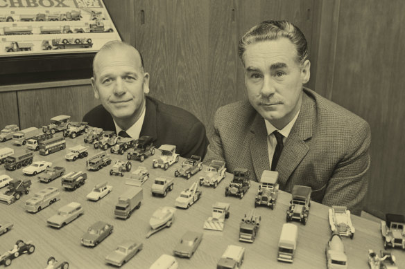 The inventor of Matchbox toys Jack Odell (right) in 1968 with Leslie Smith, who co-founded the British company Lesney, which originally made the die-cast toys.