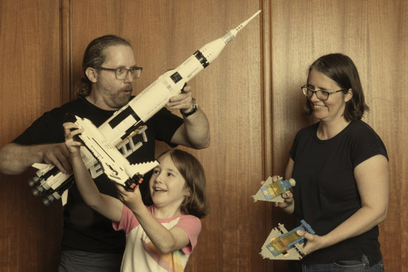 Rod and Deonie Fiford and Niamh with the rocket that rekindled his passion for building blocks.
