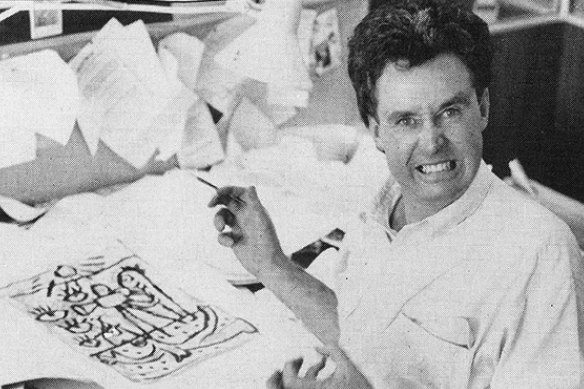 Cartoonist Michael Leunig trying to think of an idea in 1986.