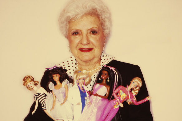  Ruth Handler, Mattel Inc. co-founder and Barbie Doll inventor poses with a selection of Barbie dolls in 1994.
