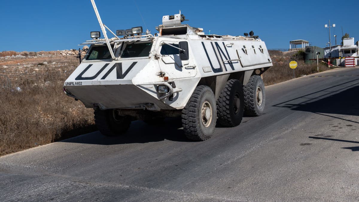 A UNIFIL armored personnel carrier departs a base to patrol near the Lebanon-Israel border in Marjayoun, Lebanon, on Oct. 5. (Carl Court/Getty Images)