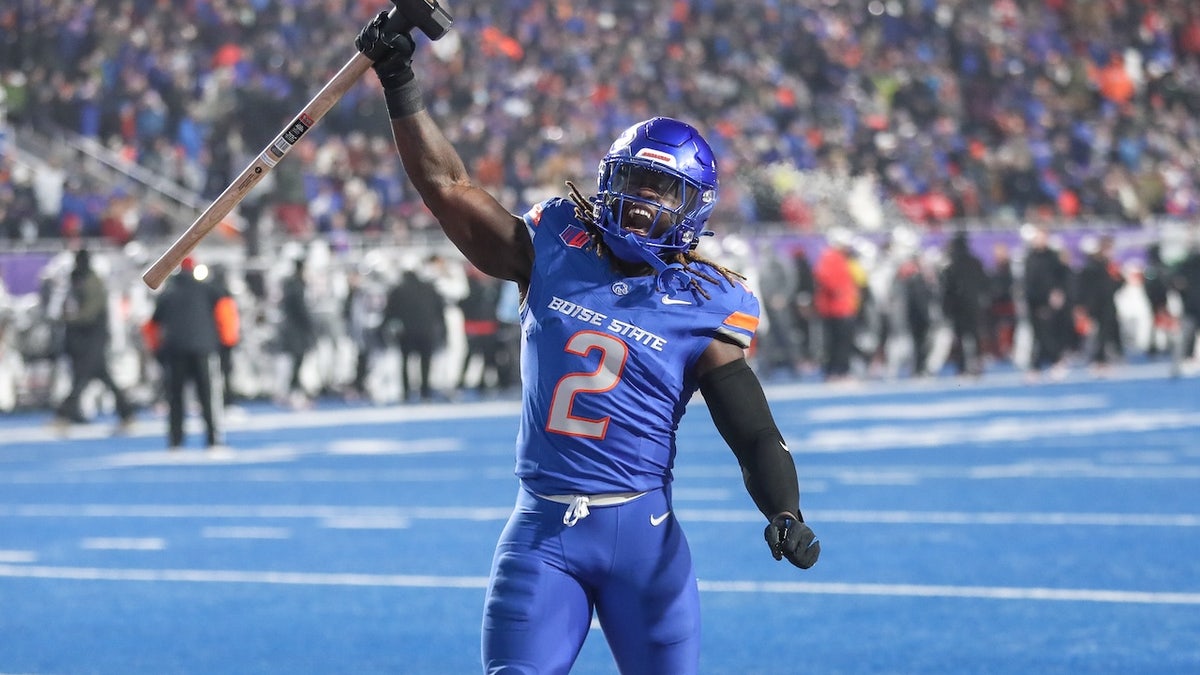 Ashton Jeanty #2 of the Boise State Broncos fires up the crowd prior to the start of the Mountain West Championship between the Boise State Broncos and the UNLV Rebels at Albertsons Stadium on December 06, 2024 in Boise, Idaho.
