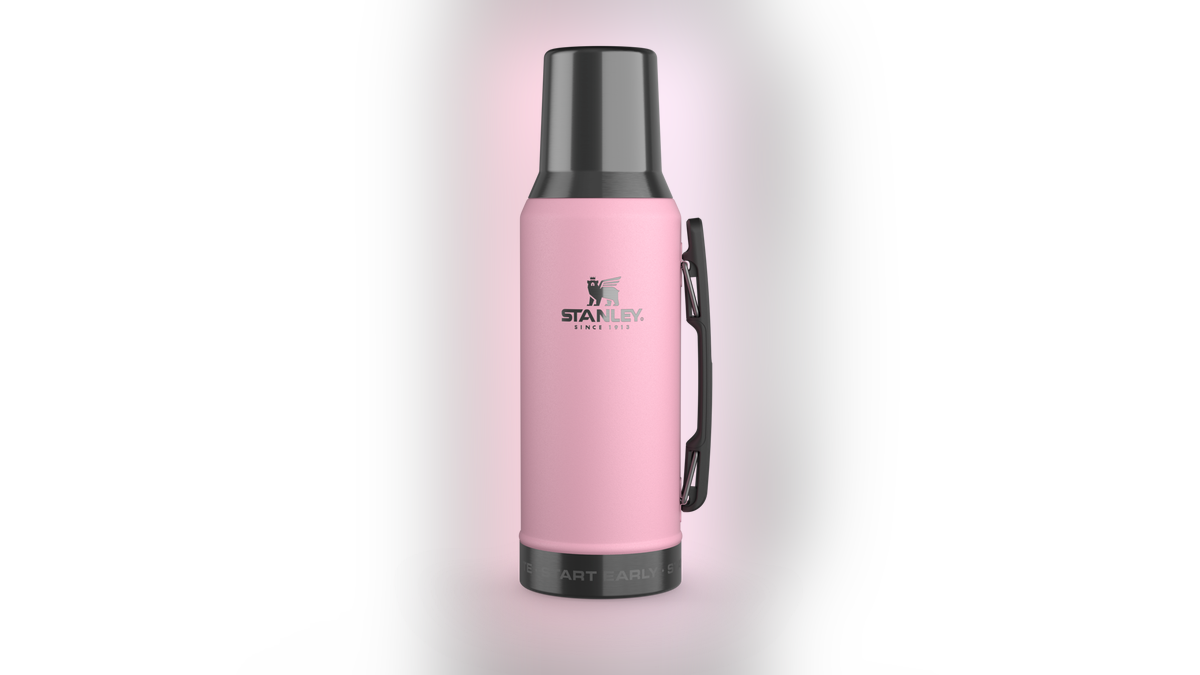 A thermos-like water bottle with a button lid for easy drinking.