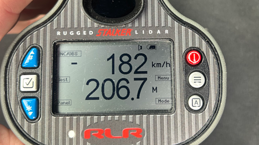 A police speedometer detects a driver allegedly travelling at 182km/h.