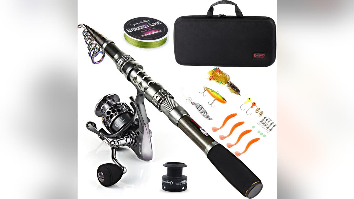 This retractable fishing pole makes fishing easy.