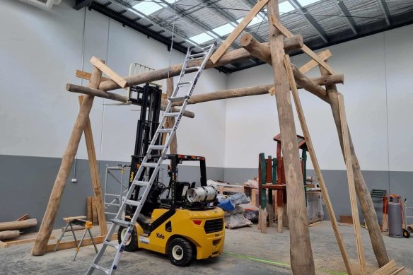 Working at height: the kind of structure Samuel Keast was building alone, or with one temporary assistant, at the Playground Centre factory in Melbourne.