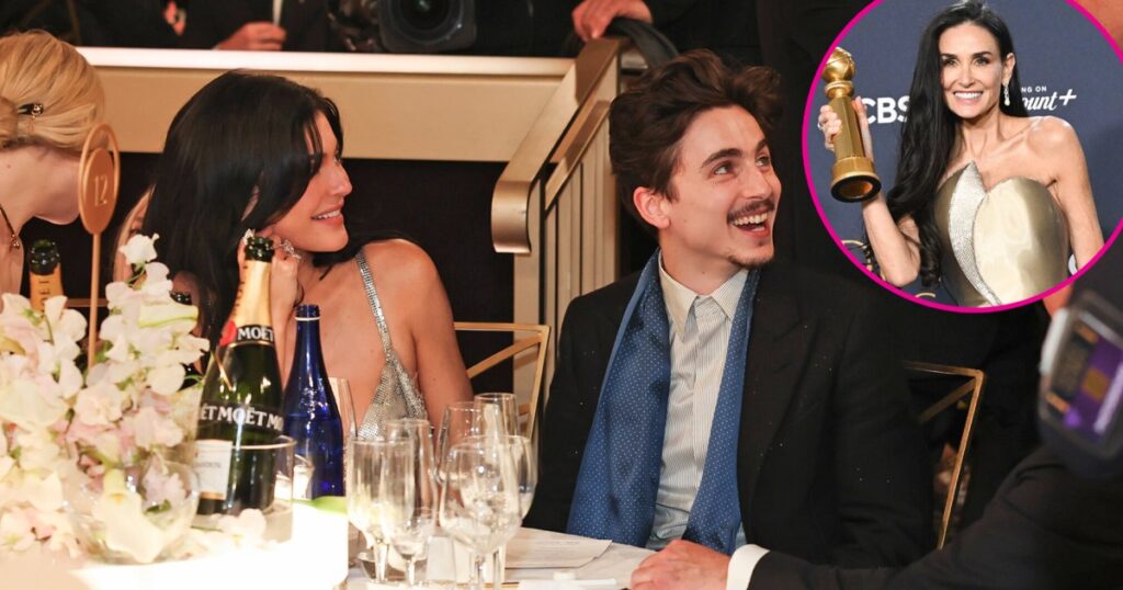 Demi Moore Celebrates Golden Globes Win With Timothee Chalamet, Kylie Jenner and Elle Fanning