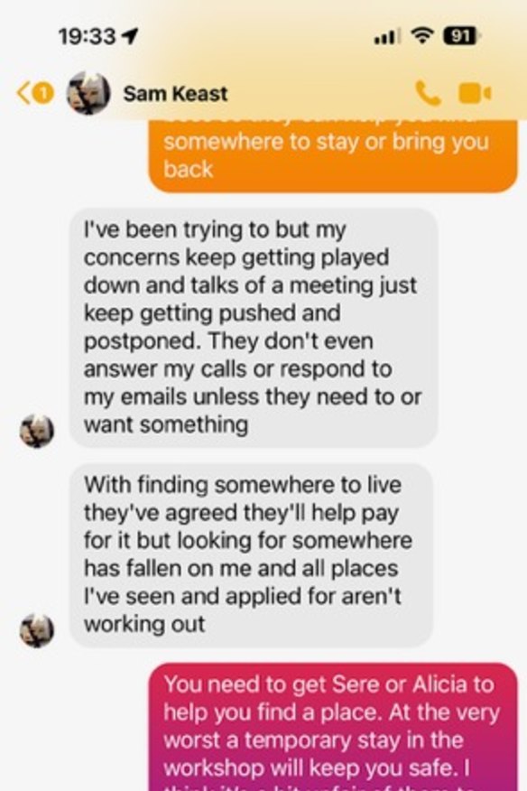 Message from Sam Keast to his father expressing frustration at the lack of communication with his company.