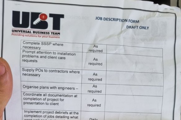 A form from the brethren’s “parent company”, Universal Business Team, among the belongings of dead worker Sam Keast.