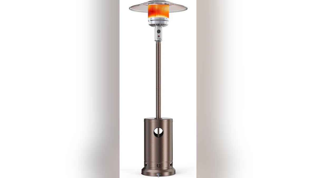 A freestanding patio heater at Amazon keeps up to eight people warm and toasty.