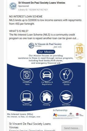 Another scam ad that ran on Facebook this month, impersonating the St Vincent de Paul Society.