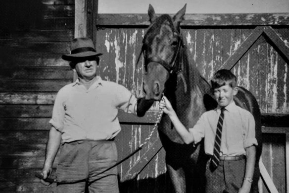 Baba Desi, age 10, pictured circa 1940 with his racehorse trainer father, Patrick Bergin.
