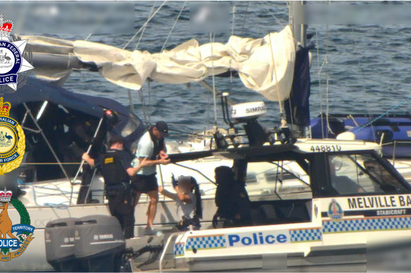 Police arresting Chamas and two others allegedly sailing to Indonesia from the Northern Territory late last month.