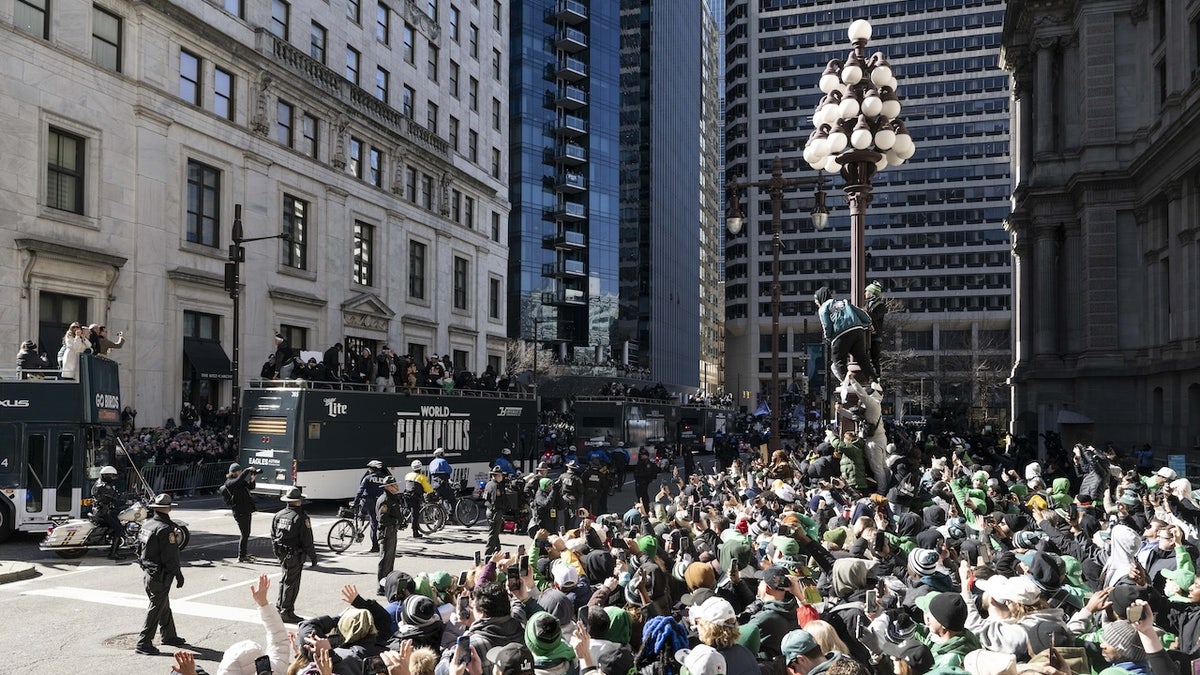 People take part in the Philadelphia Eagles victory parade, after they won the Super Bowl LIX against the Kansas City Chiefs. Philadelphia, Pennsylvania, U.S., February 14, 2025.