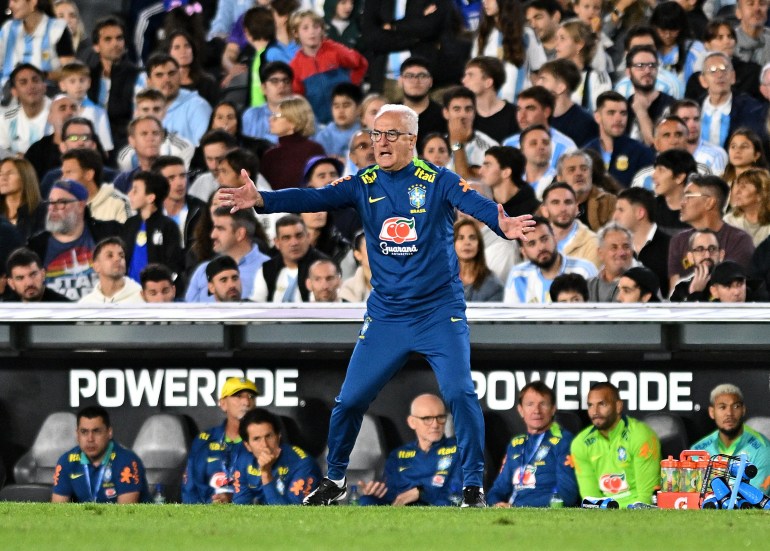 Soccer Football - World Cup - South American Qualifiers - Argentina v Brazil - Estadio Mas Monumental, Buenos Aires, Argentina - March 25, 2025 Brazil coach Dorival Junior reacts during the match REUTERS/Rodrigo Valle