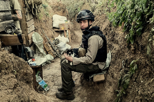 Kyiv Independent reporter Francis Farrell at a frontline infantry position near Toretsk, eastern Ukraine, last July.