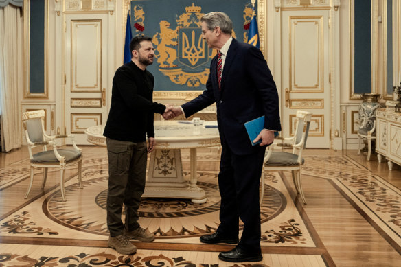 Treasury Secretary Scott Bessent (right) meets Zelensky in Kyiv in February.  