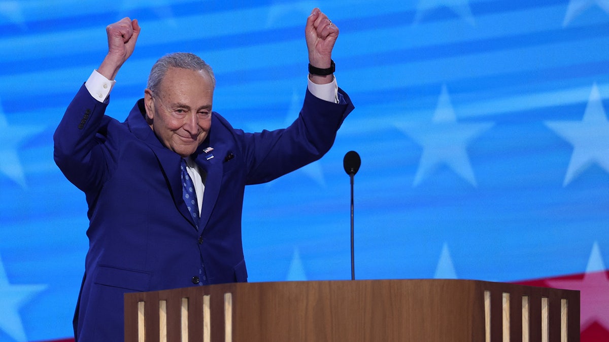 Chuck Schumer gestures onstage during Day 2 of the Democratic National Convention