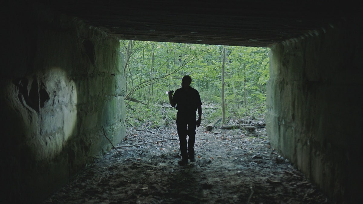 A person in the shadows walking through the woods.