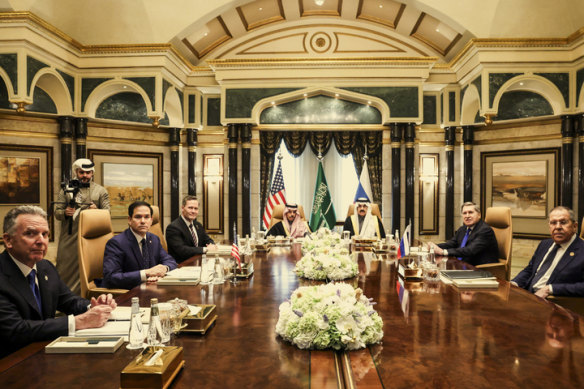 The recent Riyadh meeting included US envoy Steve Witkoff (front left) Secretary of State Marco Rubio (second left) and Russian Foreign Minister Sergei Lavrov (front right), but not Ukraine’s President Volodymyr Zelensky.