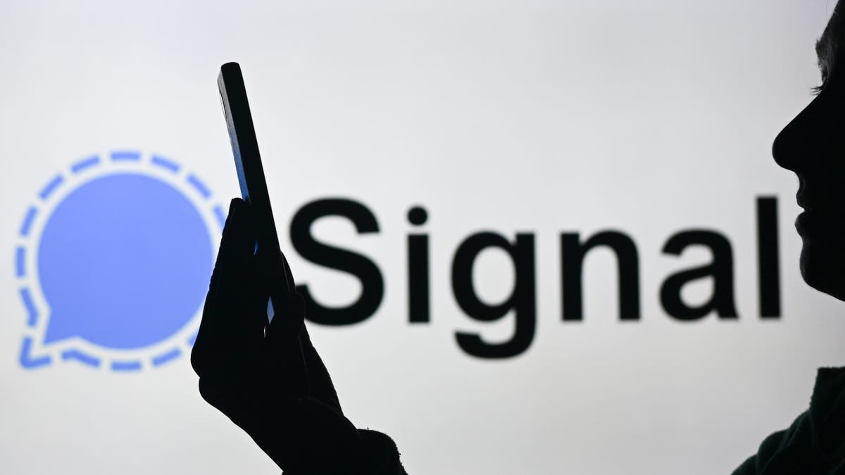 An image of a woman holding a cellphone in front of the Signal logo displayed on a computer screen.
