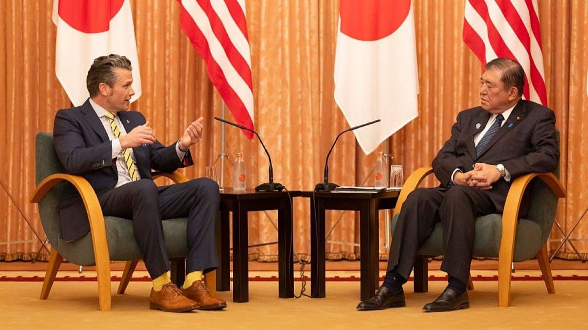TOKYO, JAPAN - 2025/03/30: US Secretary of Defense Pete Hegseth (L) gives his opening speech at the beginning of his meeting with Japanese Prime Minister Shigeru Ishiba (R) at the Prime Minister's office. (Photo by Stanislav Kogiku/SOPA Images/LightRocket via Getty Images)
