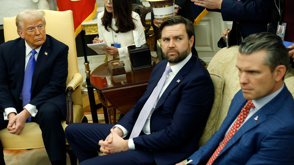 President Donald Trump, Vice President JD Vance and Secretary of Defense Pete Hegseth participate in a meeting in the Oval Office of the White House on Feb 7, 2025.