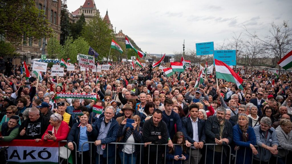 Péter Magyar pledges at rally to restore Hungary's EU ties if elected